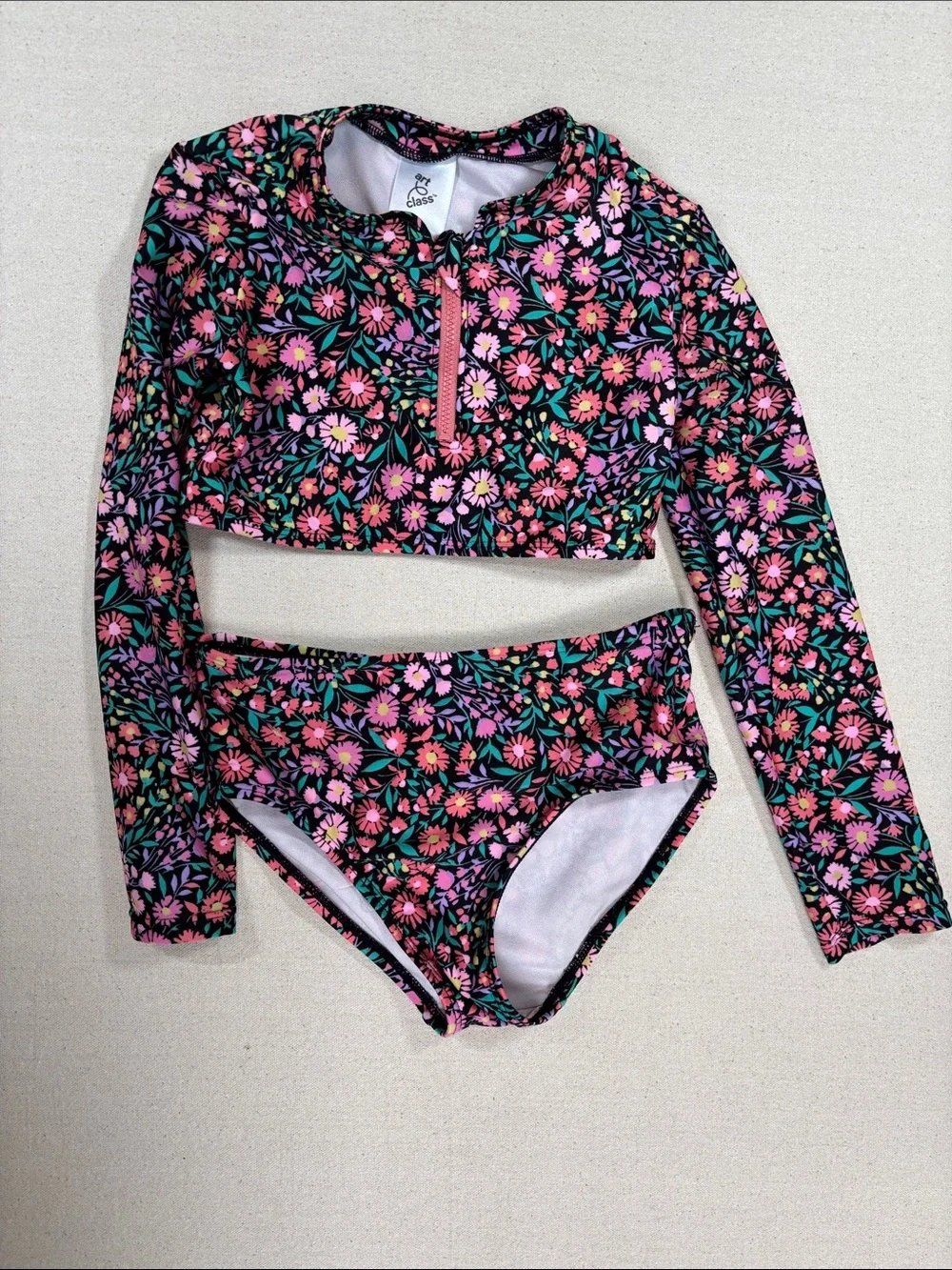 art class Pink Floral Long-Sleeve Two-Piece Swim Set